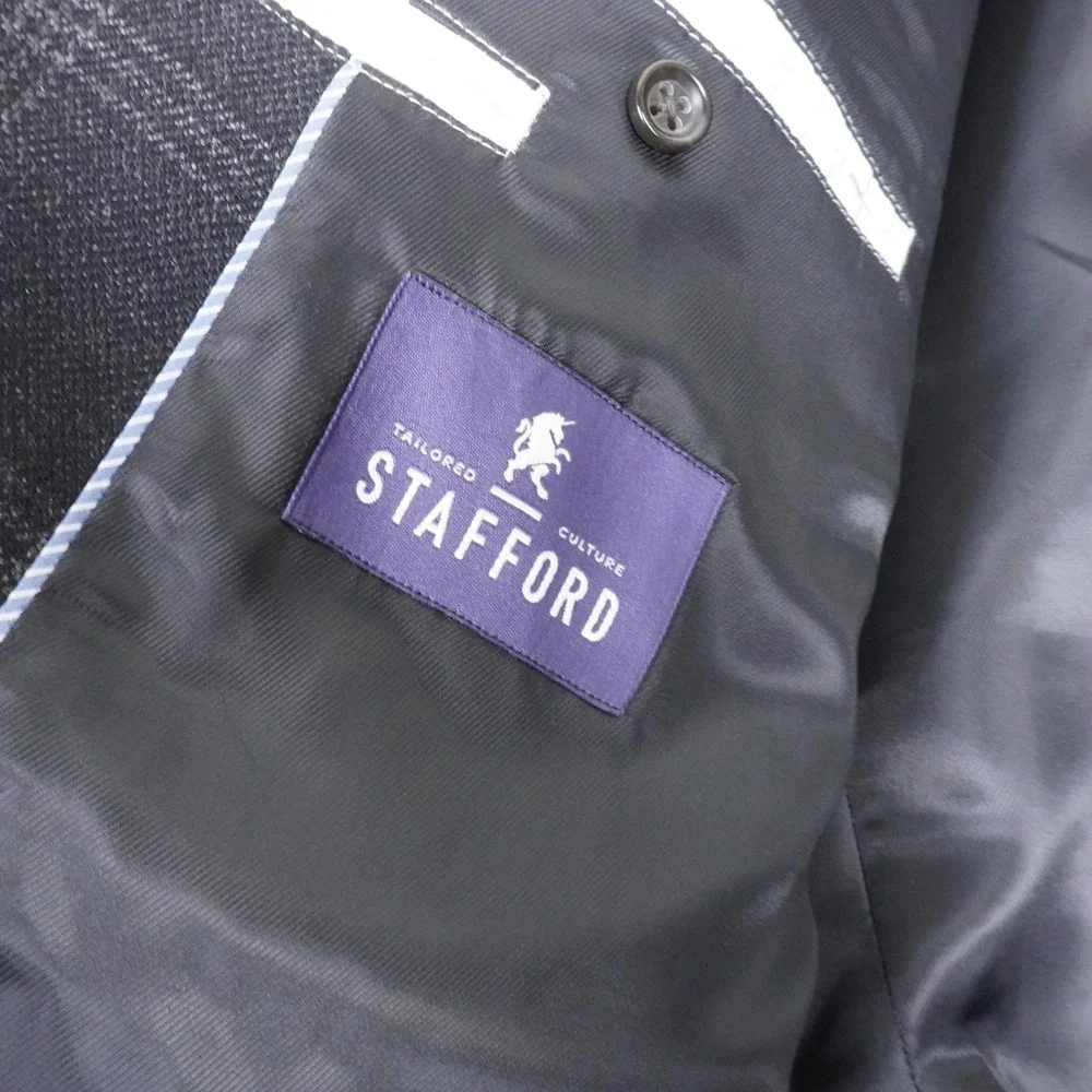 Stafford Mens 52R Classic Fit Sport Coat Merino Wool Glen Plaid Black Blazer - Picture 11 of 12